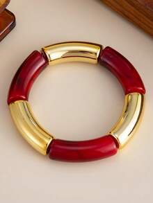 1 pieza Brazalete de resina con teñido anudado rojo vintage de moda y capas, brazalete elástico con tubo curvo de CCB, brazalete de resina con cuentas de teñido anudado rojo de Angola exagerado y de alta gama, adecuado para uso diario, fiestas y vacaciones de mujeres