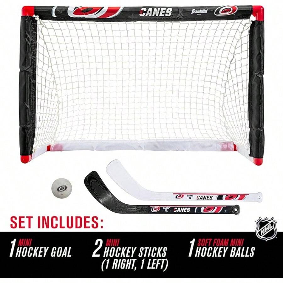 Conjuntos de Mini Hockey de la  de Franklin Sports - Conjunto de Combo de Portería de Hockey de Rodilla, Pelota y 2 Palos de Hockey - Red de Portería Mini - Conjuntos de Hockey Oficiales de la - Huracanes de Carolina - Ver 1
