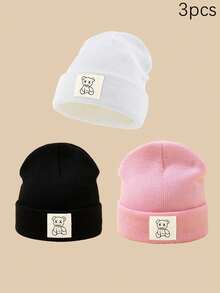 1/2/3pcs Unisex Line Bear Print Knit Beanie Hat, Soft Warm Casual Outdoor Fashion Headwear, Suitable For Daily Wear