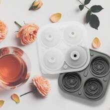 4-Cavity Gray Rose Ice Cube Tray With Lid, For Freezing 3D Rose Ice Cubes For Whiskey Cocktails And Fruit Drinks, Flexible Silicone Easy Release Cover With Built-In Funnel, 1pc