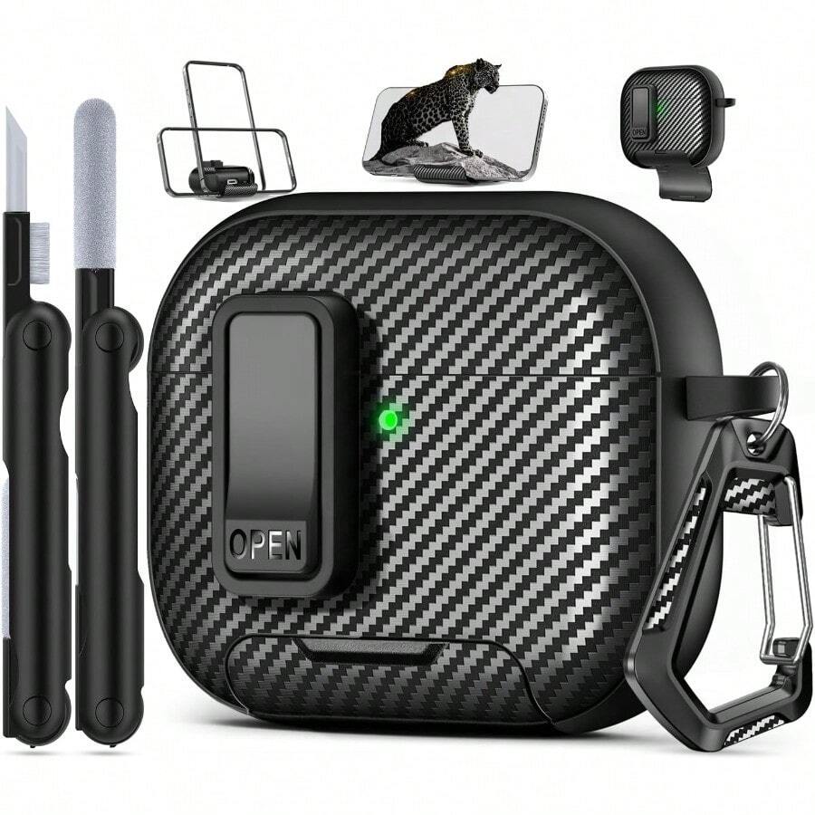 TLL  Compatible With AirPods 4th Case With Phone Stand With Lock Clip Carbon Fiber Design Protection Cover For Airpods 4 With Active Noise Cancellation Charging (2024) Whit Cleaning Pen - Balck2574 - 4THBLACK - View 1