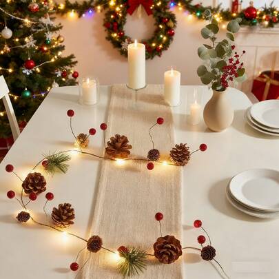 Șir de luminițe de Crăciun din conuri de pin cu decorațiuni din ace de pin, lumini LED din sârmă de cupru, lungime de 2 metri, pentru decorarea șemineelor, sufrageriei și brazilor de Crăciun