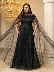 UNITHORSE [Random Print] Plus Women's Stand Collar Floating Piece Sleeve Tassel Slim-Fitting Evening Dress - Black - View 5