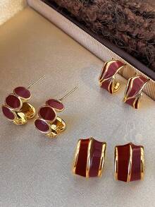 3 pares de pendientes elegantes y minimalistas de estilo vintage francés con diseño asimétrico de goteo de aceite y geometría sofisticada, adecuados para uso diario, ir al trabajo, casual, otoño/invierno