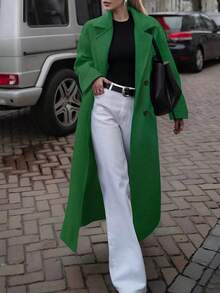 Elegant Womens Long Green Overcoat Warm Wool-Like Fabric Double Button Detail Drop Shoulder Long Sleeves Lapel Collar Plain Outerwear Coat - 綠色 - 查看 3