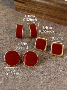 3 Pairs Elegant Burgundy Square & Round Drip Oil Design Earrings Set, Sophisticated & Versatile For Daily Wear, Formal Events, Fashion Accessories