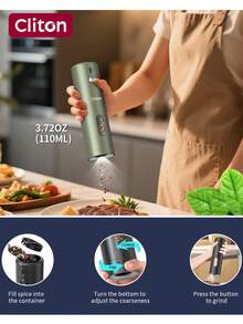 CLITON 电动盐和胡椒研磨器套装，可充电，可选USB充电（无需电池），研磨速度和粗细可调，自动操作，白色LED灯，可填充设计，单手即可使用，适用于厨房、烧烤和餐桌，是圣诞节、感恩节、情人节和母亲节的理想厨房礼物。