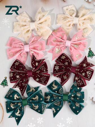 2个/8个圣诞天鹅绒蝴蝶结发夹，适合女孩和青少年，雪花圣诞树麋鹿图案，精致节日发饰，圣诞派对礼物蝴蝶结发夹，圣诞发饰（米色/粉色/酒红色/绿色），发夹