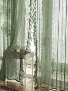 1 件波西米亚风格镂空方形格子荷叶边流苏窗帘杆口袋薄纱窗帘，现代简约装饰隔热窗帘，适合所有季节