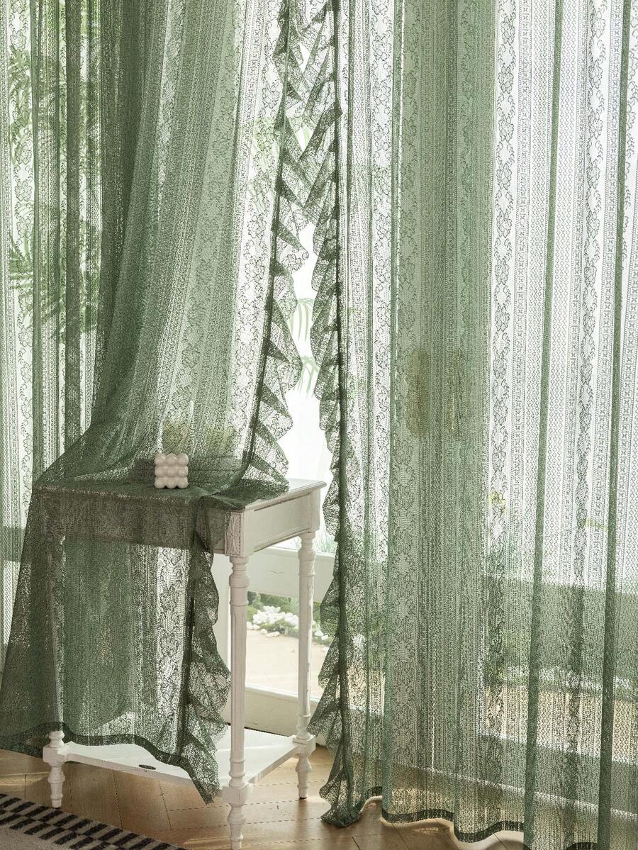 1 件波西米亚风格镂空方形格子荷叶边流苏窗帘杆口袋薄纱窗帘，现代简约装饰隔热窗帘，适合所有季节