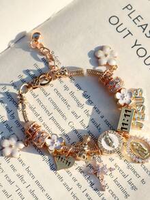 1pc Religious Virgin Mary Charm Bracelet, 1pc Religious Jesus Cross Bracelet, 1pc Fashionable Sakura DIY Bracelet, 1pc Angel Number 1111 Bracelet - Gold - View 9