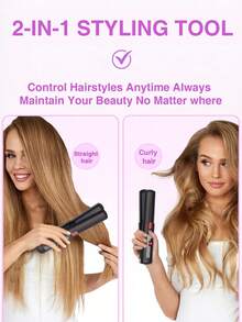 Hair Straightener Flat Lron,2-In-1 Cordless Hair Straightener & Curler, Rechargeable Portable Styler With LED Temp Display, Easy To Use,Travel Essential - Multicolor - View 2
