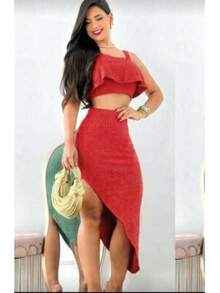 Women's Cropped Set With Ruffle And Skirt - Rojo - Ver 1