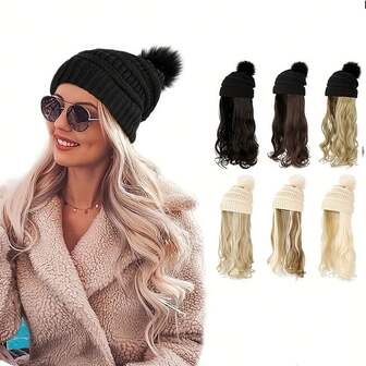 20-Inch Synthetic Warm Winter Hat Wig Long Water Ripple Hair Extension And Synthetic Wig Winter Warm Knitted Hat Suitable For Ladies' Daily Wear