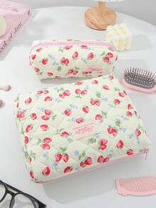 1 قطعة/مجموعة حقيبة مكياج ذات سعة كبيرة بطبعة فراولة جميلة، حقيبة مستحضرات تجميل محمولة باليد، حقيبة تخزين نظارات من قماش ناعم مبطن بتصميم مبطن مع إغلاق بزر للسفر - أصفر - مشاهدة 17