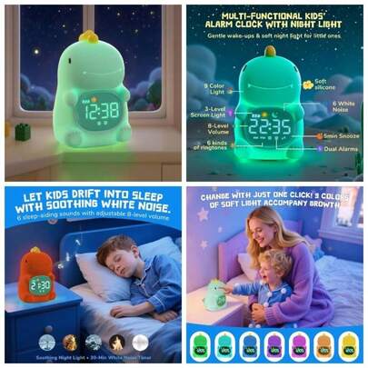 - Reloj despertador de entrenamiento para nios con luz nocturna, reloj de despertador y mquina de sonido, lmpara recargable de silicona animal para recmara de nios y nias dinosaurios