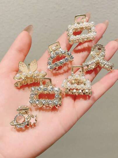 7pcs Exquisite Small Claw Clip Women's Hair Accessory Faux Pearl And Rhinestone Side Bang Clip Forehead Hair Clip Planet Rabbit New Mini Half-Claw Hair Claw Women's Hair Accessory Winter Hair Clutch