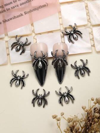 10 件哥特式大蜘蛛指甲饰物，古董银枪黑蜘蛛指甲饰品，适用于艺术设计，创造独特的美甲产品，DIY 美甲用品和美甲配件