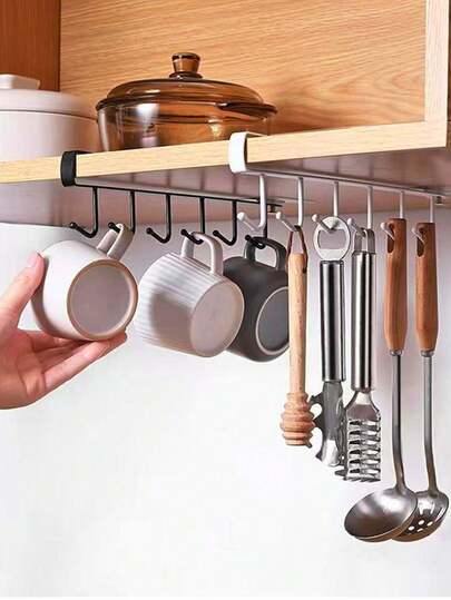 2个/1个免钻孔衣柜收纳架（带6个挂钩，可挂3个杯子），厨房用具收纳架，适用于橱柜杯架，可放置锅具、打蛋器、锅铲等，免钻孔收纳架，厨房整理架，母亲节礼物，送给妈妈的礼物