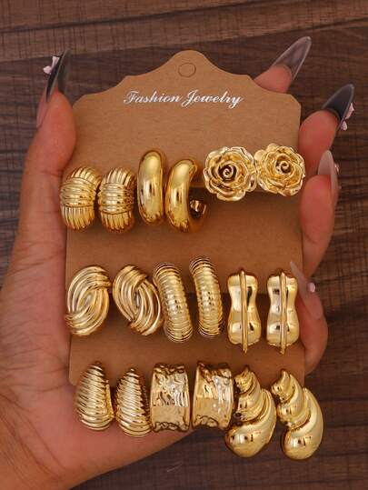 Set de 6/18 piezas de aretes tipo pendiente con diseño minimalista de flores de rosa y textura geométrica en forma de C, diseño minimalista de moda para uso diario, gran regalo para amigos y familia