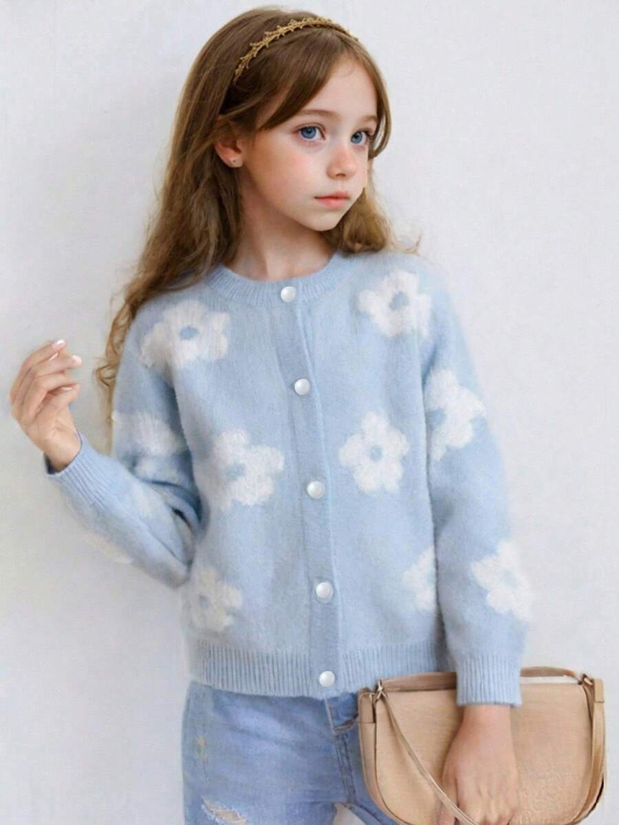 Girls' Sweater Cardigan, Single Layer Core-Spun Yarn, Faux Mink Floral Pattern, Autumn/Winter, Toddler & Little Kid