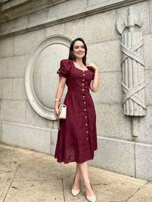 Women's Midi Dress, Casual, Elegant, Cotton, Daily - 酒紅色 - 查看 3
