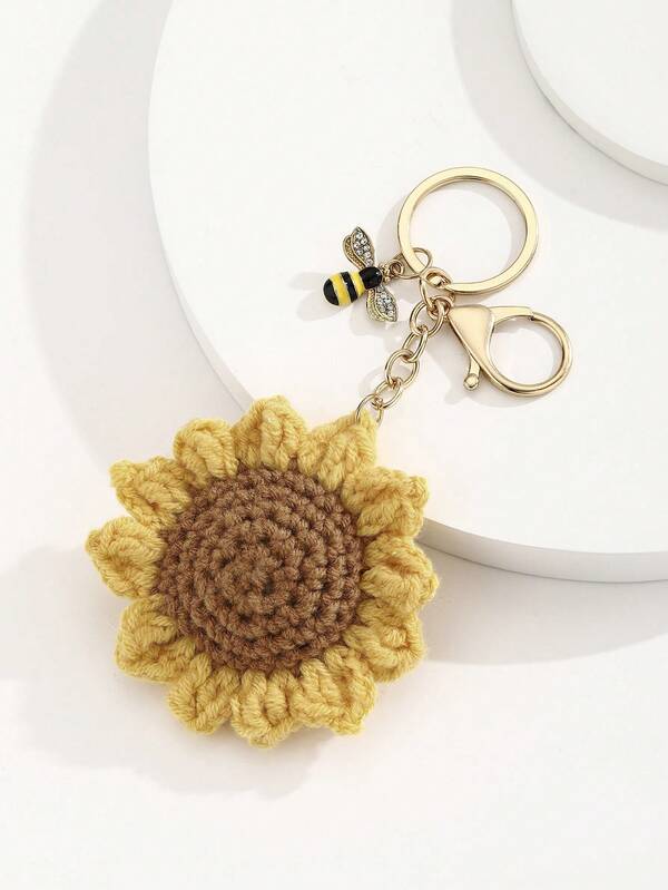 1 قطعة سلسلة مفاتيح زهرة عباد الشمس مصنوعة يدويًا، سلسلة مفاتيح منسوجة يدويًا بزهرة عباد الشمس والنحلة، هدية إبداعية للصديق والصديقة والعطلات والتذكارات وإكسسوارات الهاتف المحمول والسيارة وحقيبة عيد الميلاد وهدايا المعلم والأخت