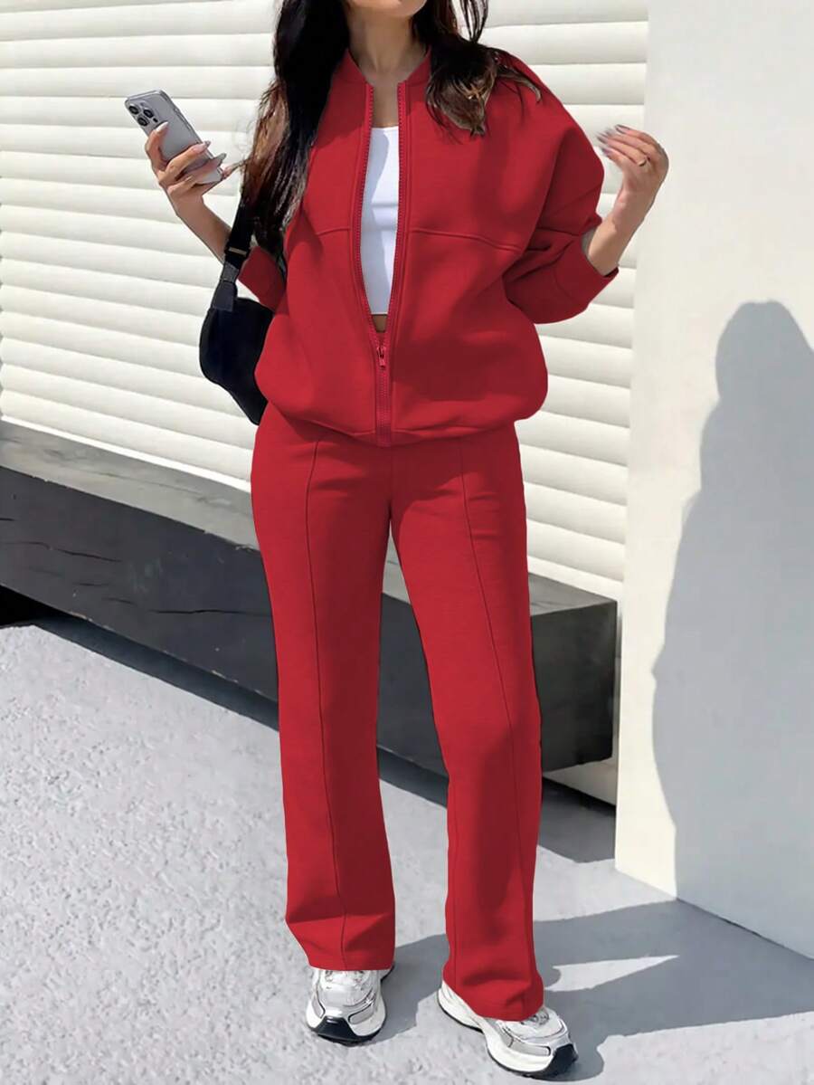2pcs Casual Solid Color Sweatshirt Jacket Top And Straight Leg Pants Set, Soft Fleece Fabric, Suitable For Spring, Autumn And Winter - Red 1 - View 1