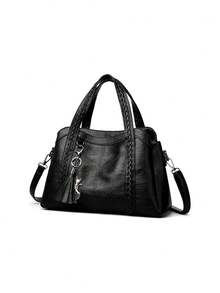 New PU Leather Women's Handbag, Retro Style, Tassel Decor, Fashion Zipper Shoulder Bag With Detachable Strap, Suitable For Work And Travel - Black - View 6