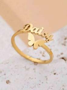 1 Customized Stainless Steel Butterfly And Letter Interlocking Ring, Personalized English Name Carving Ring, 18K Gold-Plated Luxury Accessory, - Multicolor - View 5