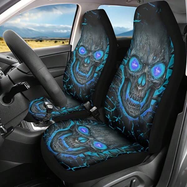 2 Pieces Premium Skull Pattern Car Seat Cover - Universal Fit, Double Front Seat, High-Quality Material For All On New Year & Valentine's Day Gifts