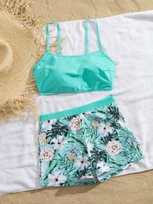 夏季随机印花性感波西米亚休闲细肩带短款上衣和短裤两件套泳衣海滩度假套装 - 薄荷綠 - 查看 4