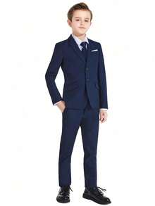 Boys Suits 5-Pieces Suit Set Toddler Tuxedos Dresswear Ring Bearer Outfit Wedding Blazer Vest Pants Shirts Tie Formal Suits For Kids Navy Blue Size 3-10Y