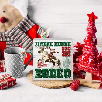 1 Piece Western Christmas Decoration Bell Horse Rodeo 3d Faux Wood Box Sign With Cowboy Santa Claus And Cactus Design, Rustic Style Home Desk Shelf Panel Decoration, 5x5 Inches, Holiday Desktop Decoration Western Christmas Theme Country Style, Vintage Christmas Decoration