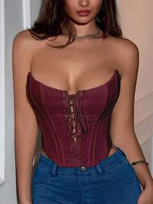 Yuwenier Y2K Asymmetric Structure Bustier Floral Embroidery Metal Grommet Lace-Up Front Open Back Shaping Bralette Crop Top - Burgundy - View 4