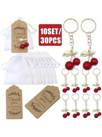 30pcs/10sets Wedding Gift Red Cherry Keychain Set With 10pcs Keychains, 10pcs Gauze Bags, 10pcs Paper Cards Y2K Bag Charms Set Christmas Car Teacher Friend Sister Gift Ideas