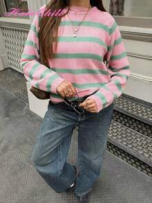 Christmas HoloChill Women Young Influencer Casual Style Colorblock Striped Crew Neck Pullover Knit Sweater, Autumn/Winter 2025 New Year