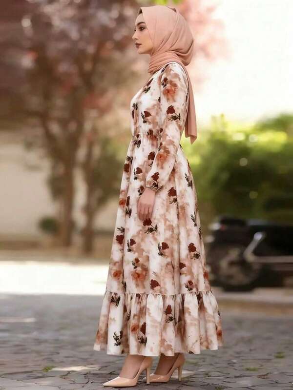 Women's Middle Eastern Style Printed Long Sleeve Dress - A-Line Round Neck Puff Sleeve With Asymmetric Hem, 100% Polyester Machine Washable, Casual To Formal Wear, All-Over Print With Ruffle Hem Tie Detail, Suitable For Spring/Autumn, Beach, Date