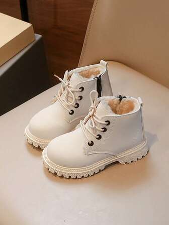 1 Pair Beige Thermal Lined Warm Ankle Boots For Toddlers & Kids, Soft & Comfortable Elastic Plush + PU Material, Warm Zipper Design Round Toe Soft Sole, Simple & Fashionable, Suitable For Boys & Girls Indoor/Outdoor Wear, Autumn/Winter New