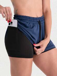 2 Women's Double Gym Shorts With Pocket Bermuda Shorts For Training, Walking And Other Sports - Black+Navy - View 8