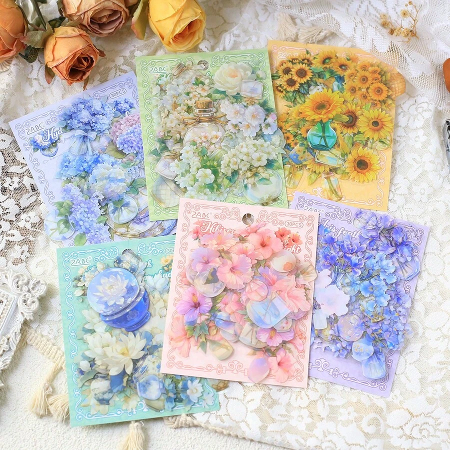 30 件复古花卉贴纸手工日记本 DIY 装饰剪贴簿相册工艺品、垃圾日记装饰用品、DIY 垃圾日记装饰拼贴贴纸节日装饰圣诞节万圣节情人节 - 彩色 - 查看 1