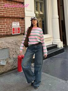 Christmas HoloChill Women Young Influencer Casual Style Colorblock Striped Crew Neck Pullover Knit Sweater, Autumn/Winter 2025 New Year