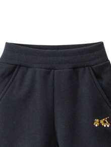 男童保暖内衬卡通口袋抽绳运动裤，冬季 - 黑色 - 查看 3