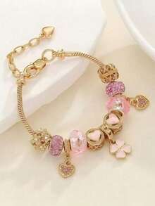 1pc Minimalist Fashionable Pink Clover Beaded Pendant Bracelet, Hollow Heart Beaded Handmade Jewelry Bracelet, Women's Gift Pink Bracelet - Multicolor - View 4