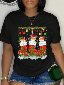 100% Cotton Xmas Lighting Elf Santa Fox In Christmas Socks T-Shirt Women's Summer Vacation Soft Tee Grahpic Vintage Casual Tops - Black - View 1