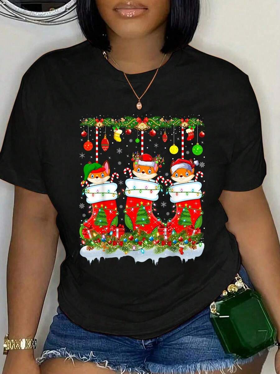 100% Cotton Xmas Lighting Elf Santa Fox In Christmas Socks T-Shirt Women's Summer Vacation Soft Tee Grahpic Vintage Casual Tops - Black - View 1