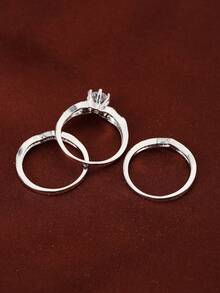 Juego de 3 anillos de circonita blanca, joyería de moda adecuada para usar en Navidad - Plateado - Ver 3