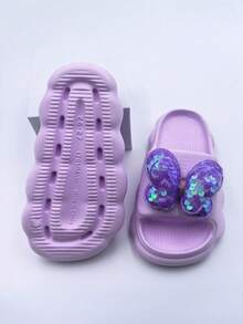 Pantuflas casuales de niña con lazo de lentejuelas, pantuflas de moda con suela suave y cómoda, aptas para uso interior y exterior