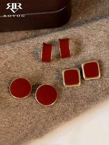 3 Pairs Elegant Burgundy Square & Round Drip Oil Design Earrings Set, Sophisticated & Versatile For Daily Wear, Formal Events, Fashion Accessories