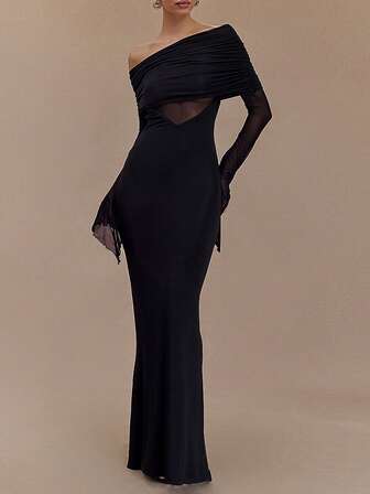 Vestido sexy de manga larga ajustado con hombros descubiertos, arrugado y de malla transparente para mujer